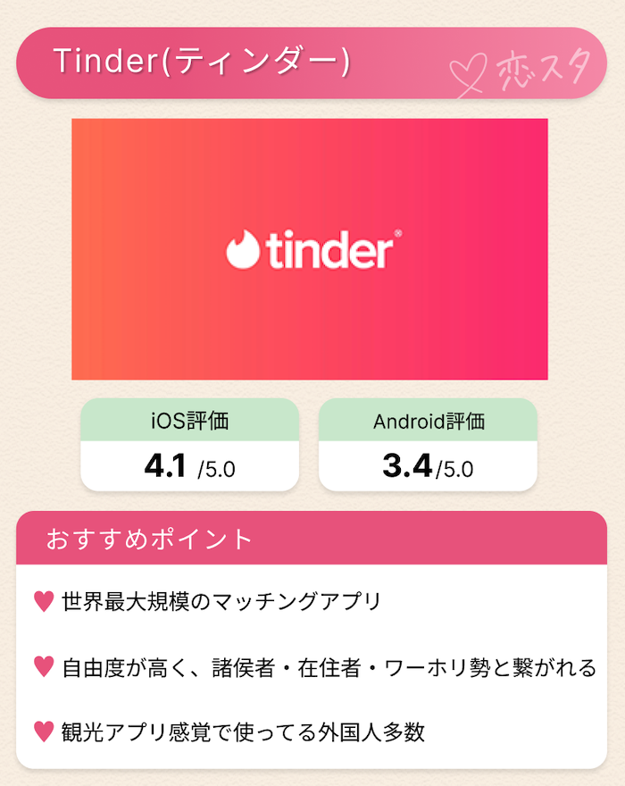 日本在住の外国人と出会えるマッチングアプリ「tinder」