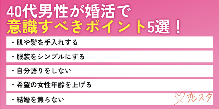40代男性が婚活で意識すべきポイント5選を紹介している画像