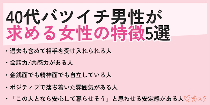 40代バツイチ男性が求める女性の特徴5選を紹介している画像