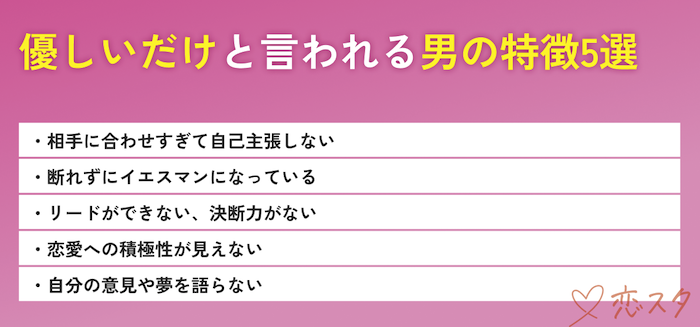 「優しいだけ」と言われる男の特徴5選の見出し画像