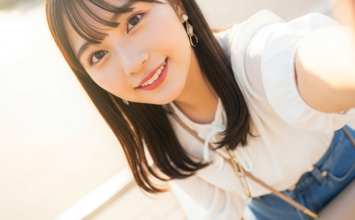 明るく自然な笑顔の自撮り写真風画像　