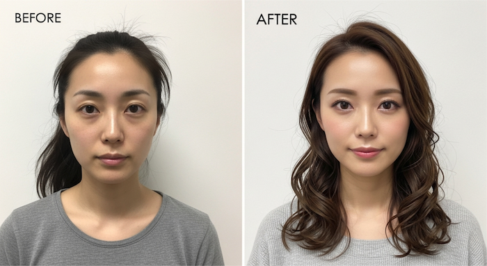 メイクや髪型を変えると印象が変わるというビフォーアフター画像