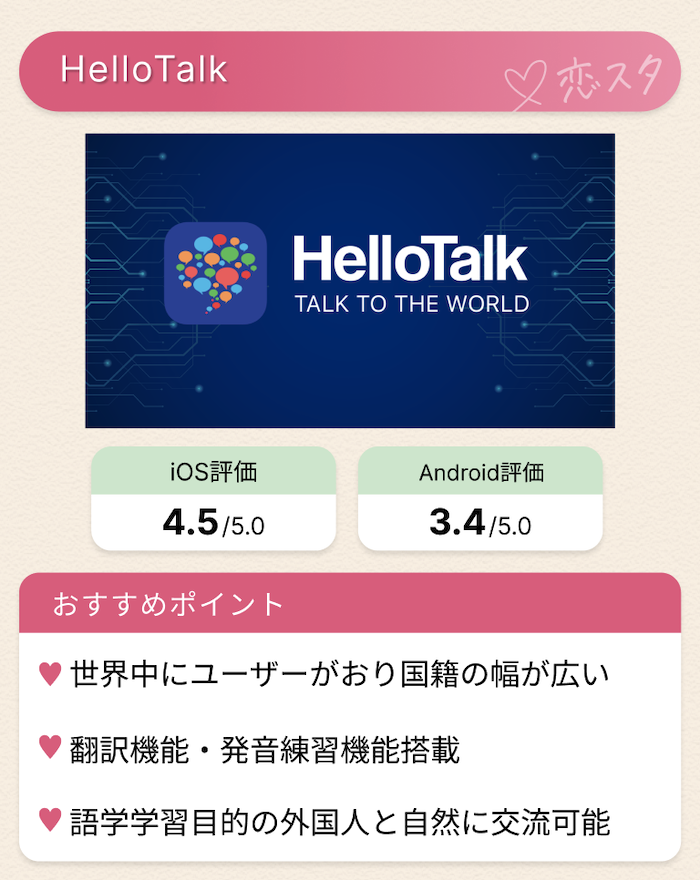 日本在住の外国人と出会えるマッチングアプリ「HelloTalk」