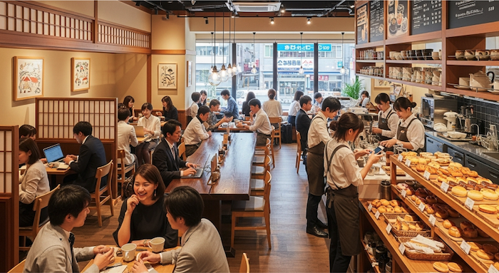 日中の明るい人気の多いカフェの例