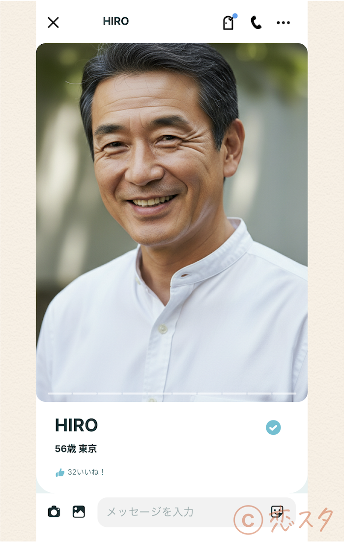 マッチングアプリ 50代 男性 現実プロフィール画像