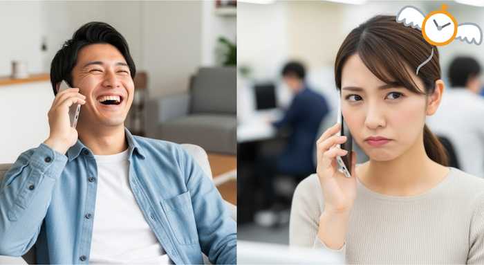 長電話をしている男性と困っている女性の画像
