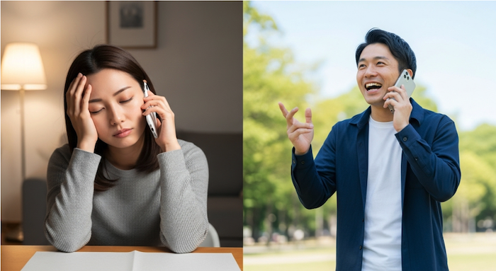 テンションの高い男性とそれにうんざりしている女性の画像