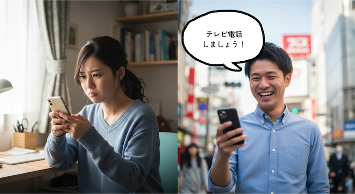 急にビデオ通話を提案する男性と困惑している女性の画像