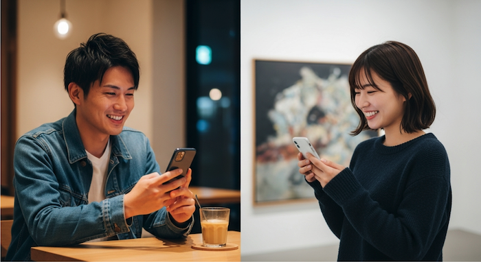 ラインを楽しんでいる男女の画像